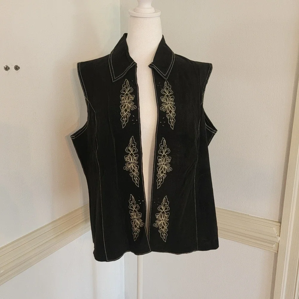 Coldwater Creek Vest Embroidered Suede Leather Black Western Boho Women's 1X